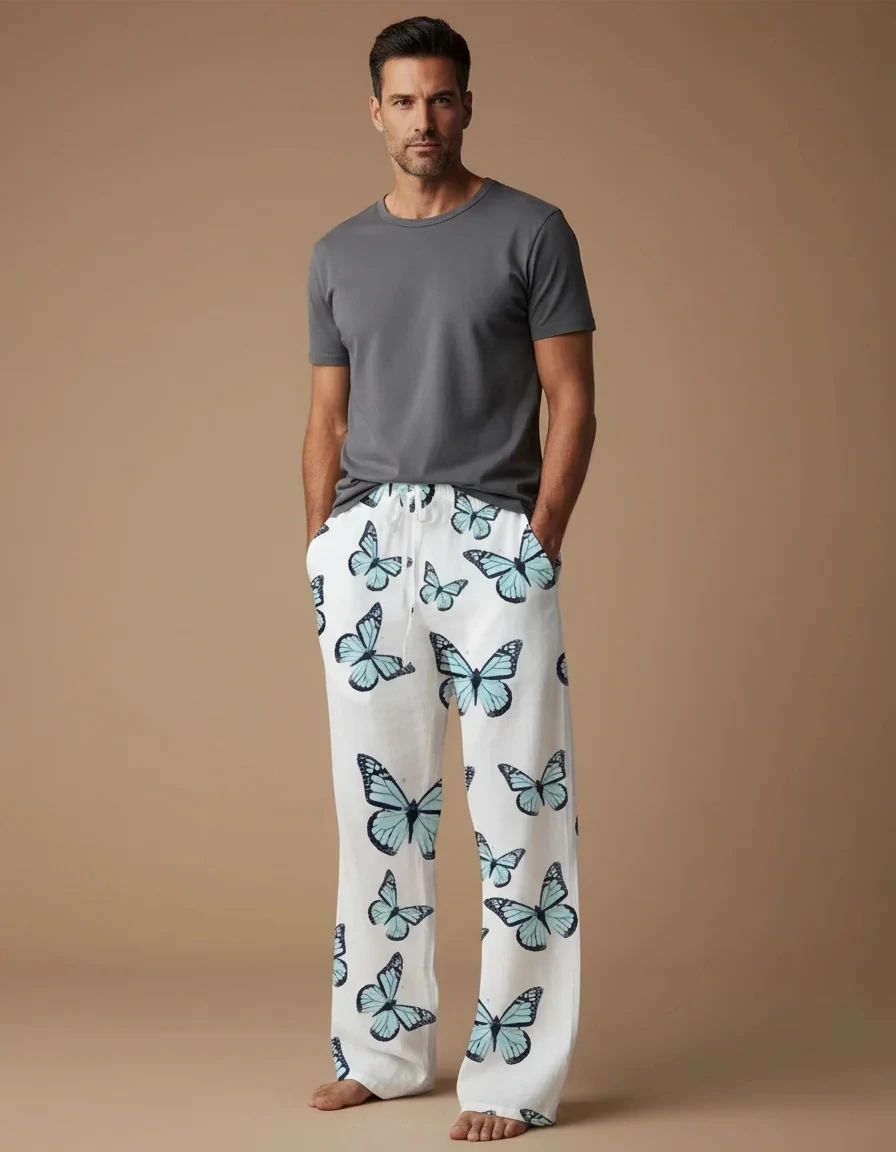 Vintage Watercolor Butterfly Pattern Trendy Casual Long Pants, Cool Soft Touch for Adults and Kids Sunset Beach Stroll