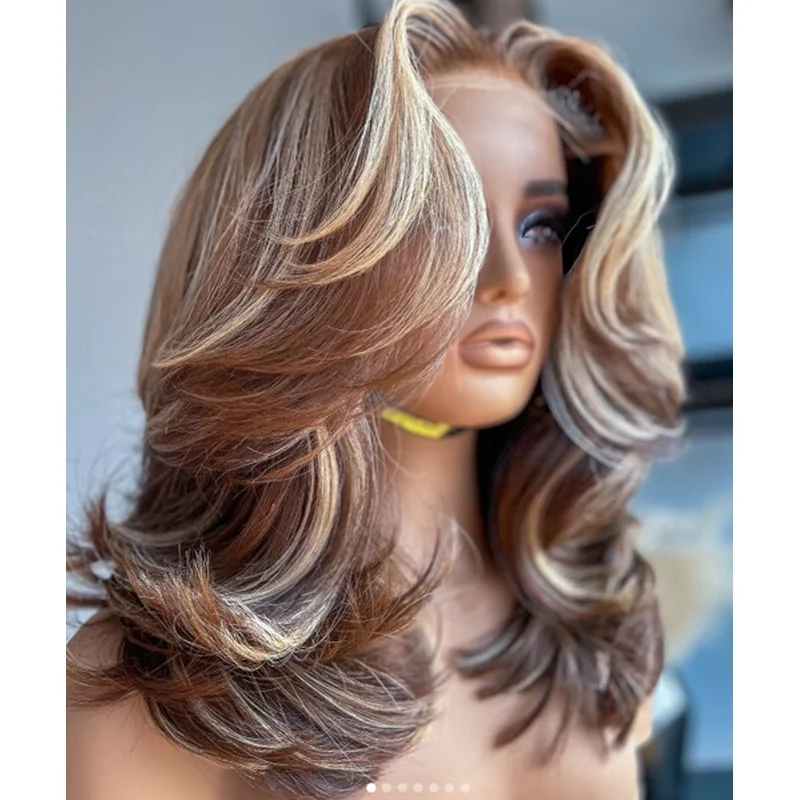 Curly Wave Light Brown Highlight 100% Brazilian  Hair Wigs Big Lace Front Wig