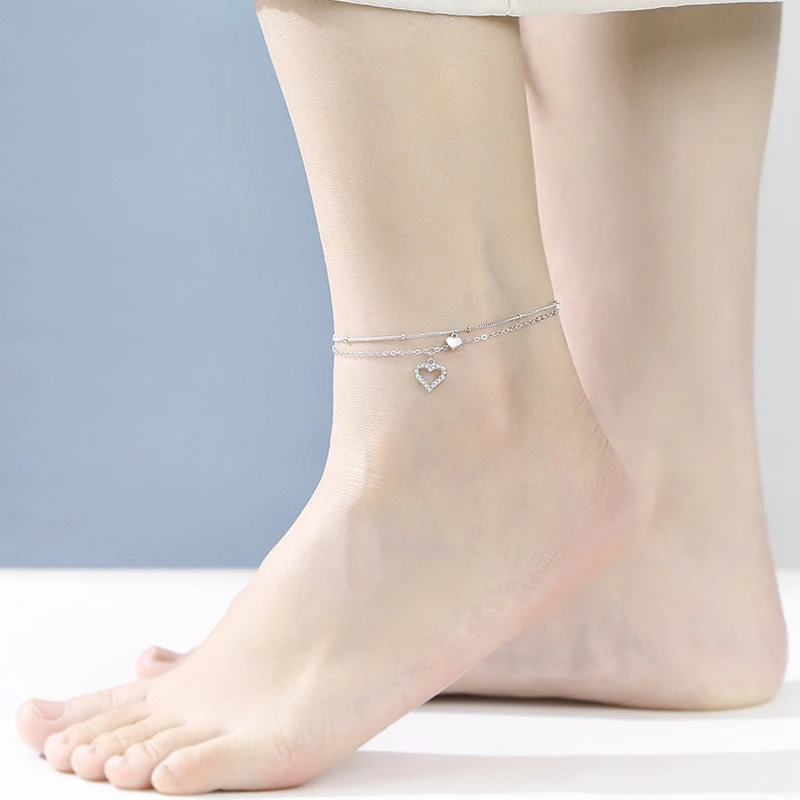 New Fashion 925 Sterling Silver Heart Rhinestone CZ Pendant Double Layer Anklets Women Jewelry Summer Zircon Foot Chain Bracelet