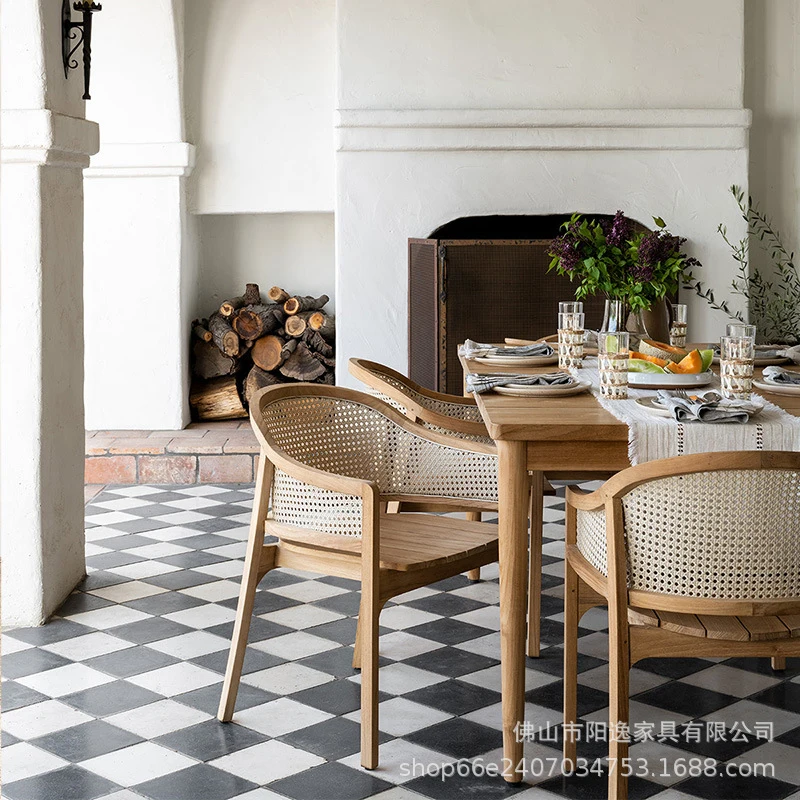 Outdoor Table And Chair Set，Outdoor Solid Wood Dining , Vintage Home Rattan , Modern Minimalist Stool, Designer Patio Table And 