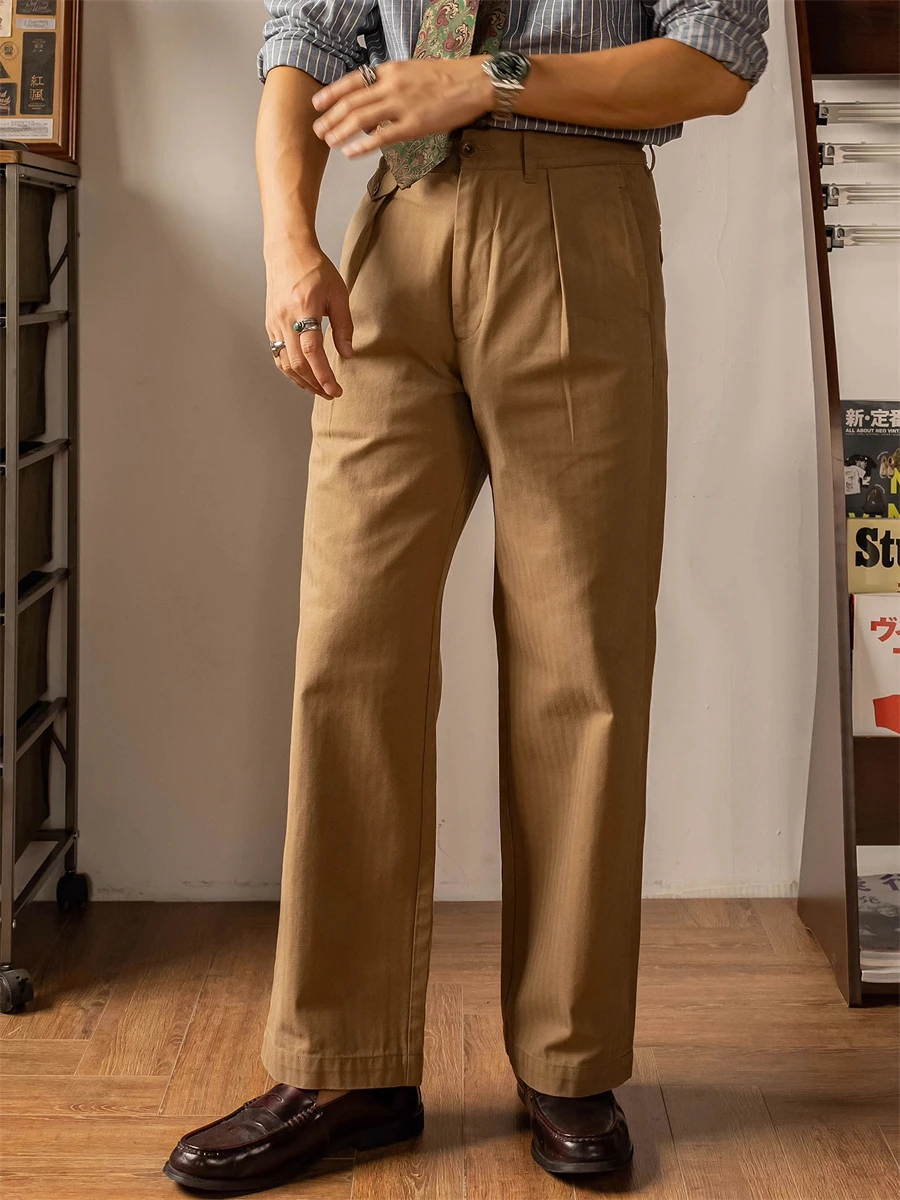

Pop Red Tornado HBT Officer's Trousers High Rise Wide Leg Pleated Pants Straight Fit