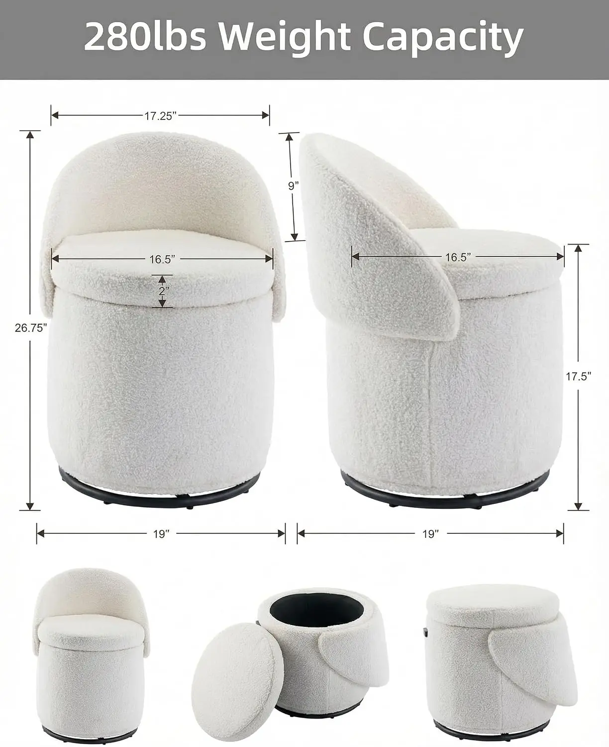 Modern Round Swivel Vanity Storage Stool With Foldable Backrest Upholstered Ottoman With Removable Lid Footrest Makeup Stool For Living Room Bedroom Sherpa White
