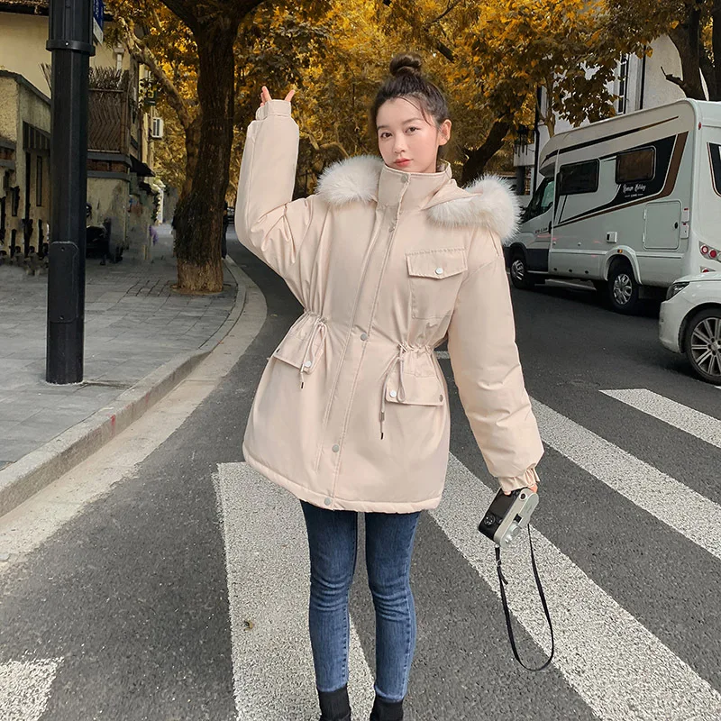 

Элегантная женская осенняя парка из шерстяной ткани с капюшоном на кнопках, без воротника, с меховой отделкой, из биохлопка, трендовая