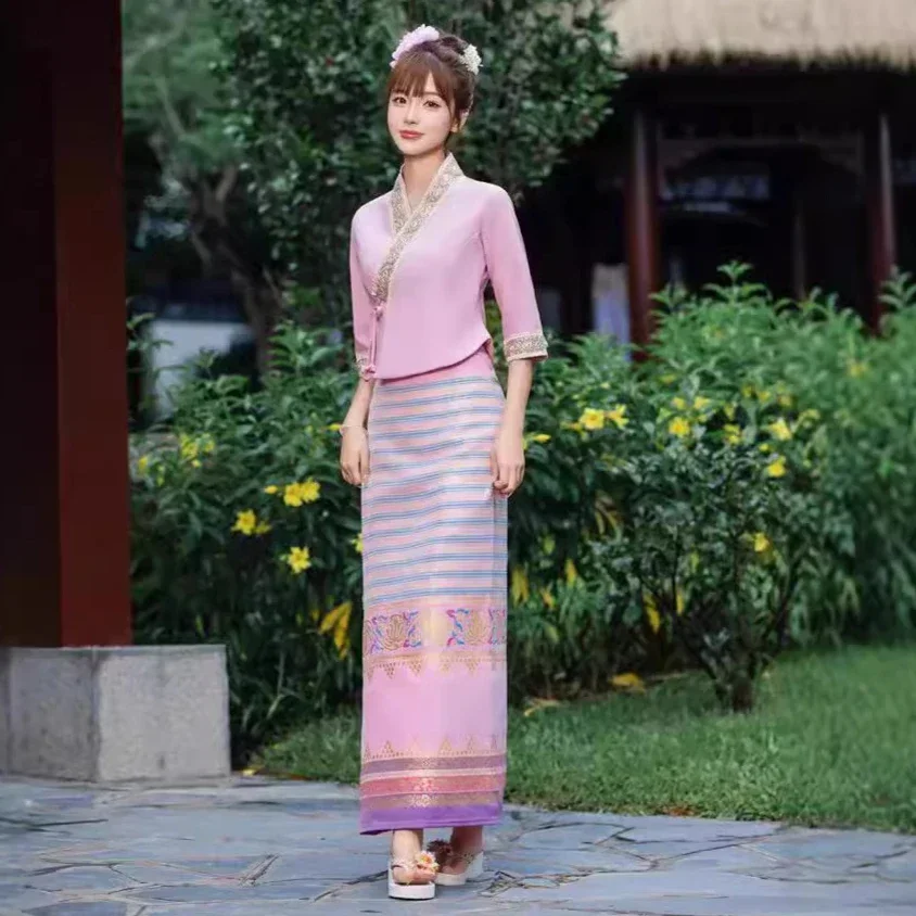 

2025 Традиционная одежда из Таиланда, винтажный женский комплект из 2 предметов, тонкое тайское платье, элегантная женская чайная одежда с вышивкой Hanfu N12072