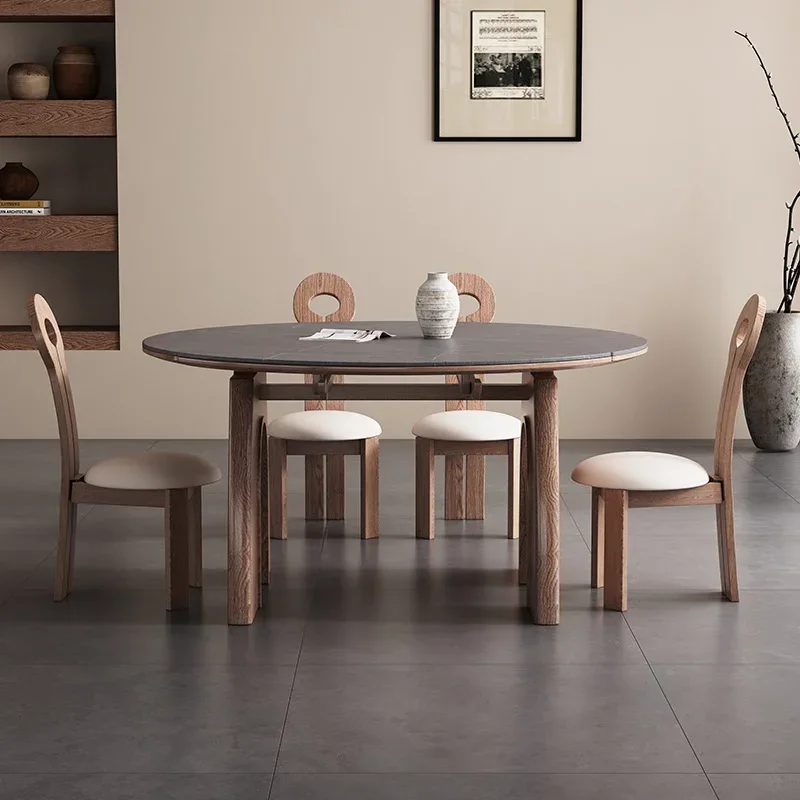 

French Solid Wood Folding Dining Table Set – Retractable High-End Rock Slab Table with Chairs | Medium Antique Style for Small
