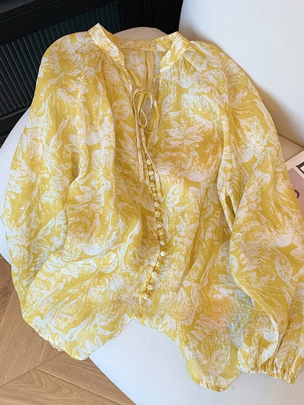 

Korean Style V-Neck Linen Shirt Women's Spring Summer Loose Lightweight Breathable Sun Protection Top Multi-Buckled Floral Print