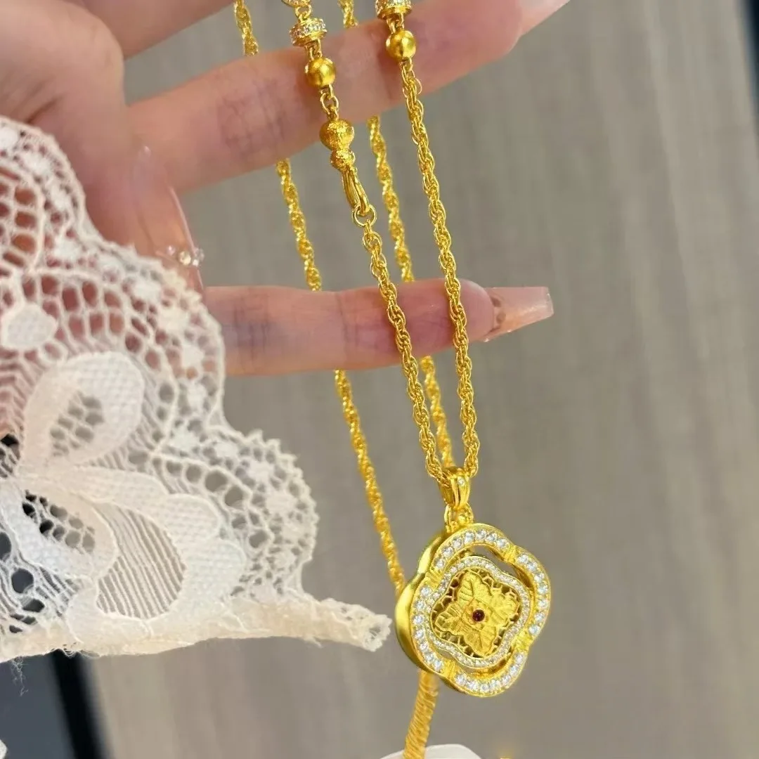 Women's 24K Gold (AU999) Rotatable Floral Ruyi Pendant | Openwork Floral Ruyi, Micro-Diamond Stamen with Magnetic Rotator