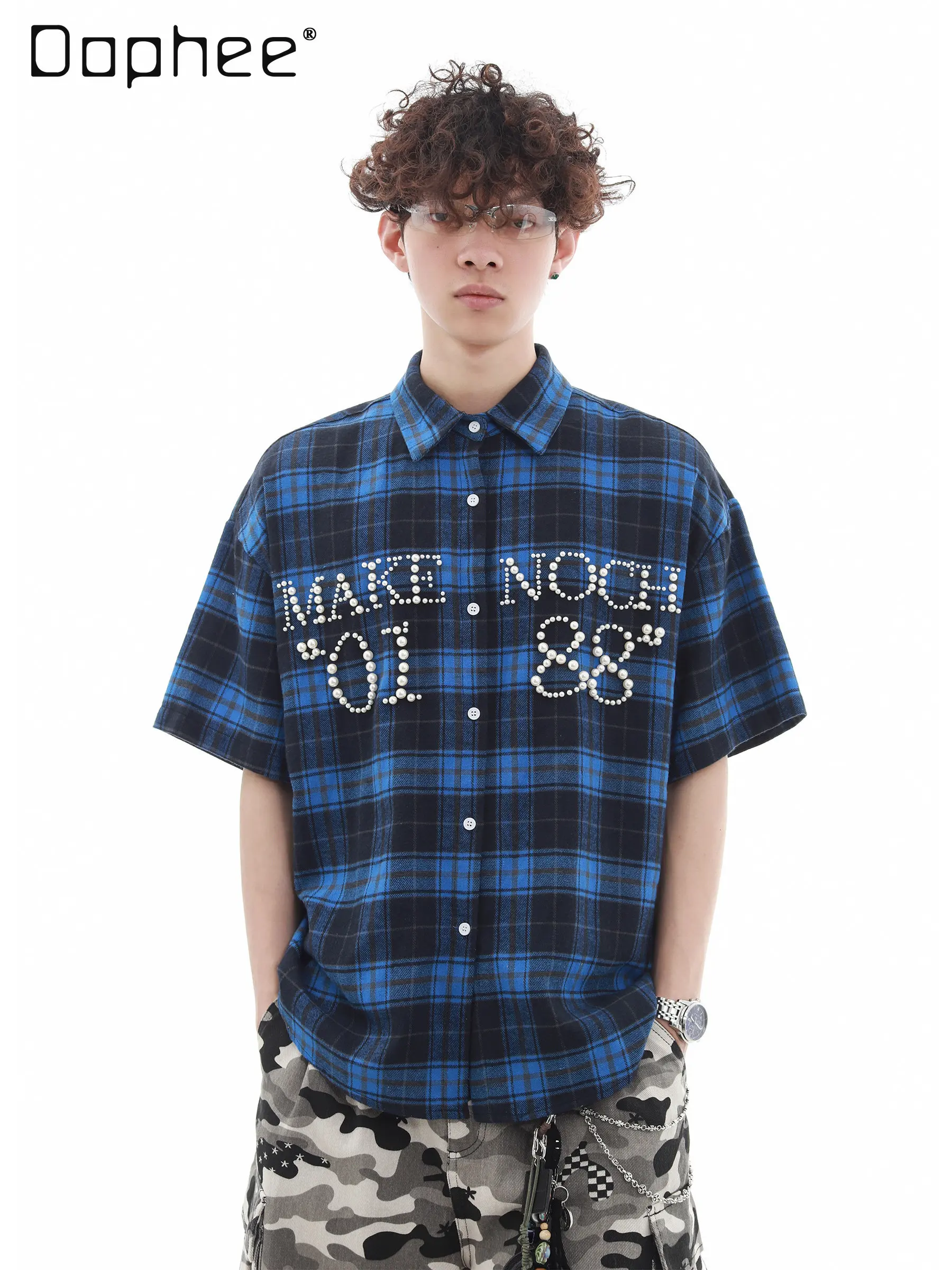 Summer Vintage Blue Black Plaid Short Sleeve Button Down Shirt Men Red Pearls Rhinestone Letter Loose Casual Street Shirt