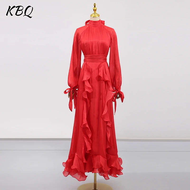 

KBQ Solid Elegant Folds Slimming Chic Dresses for Women Turtleneck Long Sleeve High Waist Temperament Dress Female Fashion New