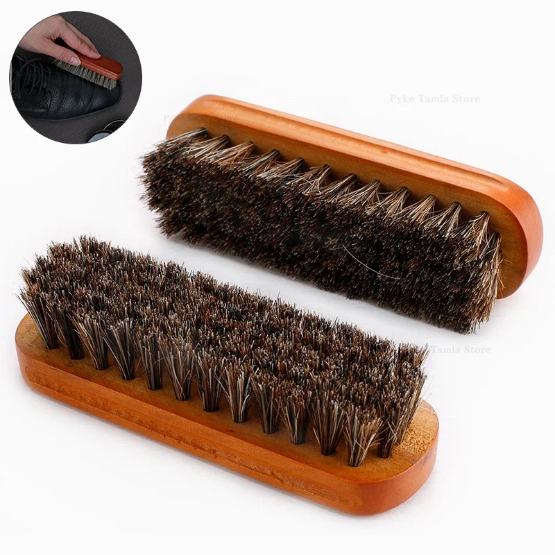 

Quality Leather Shoe Brush Solid Wooden Handle Details Polishing and Cleaning Brush Horse Hair Soft Wood Brush Shoe Accessories