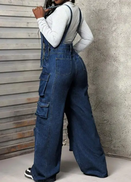 متعددة الاستخدامات واسعة الساق الدنيم وزرة فضفاضة الدنيم بذلة بذلة العمل السراويل #3