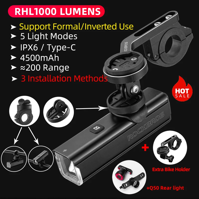 ROCKBROS Bicycle Light 1000LMType-C Charging Waterproof Bike Light Front Lamp Rechargeable Cycling Headlight Aluminum Flashlight