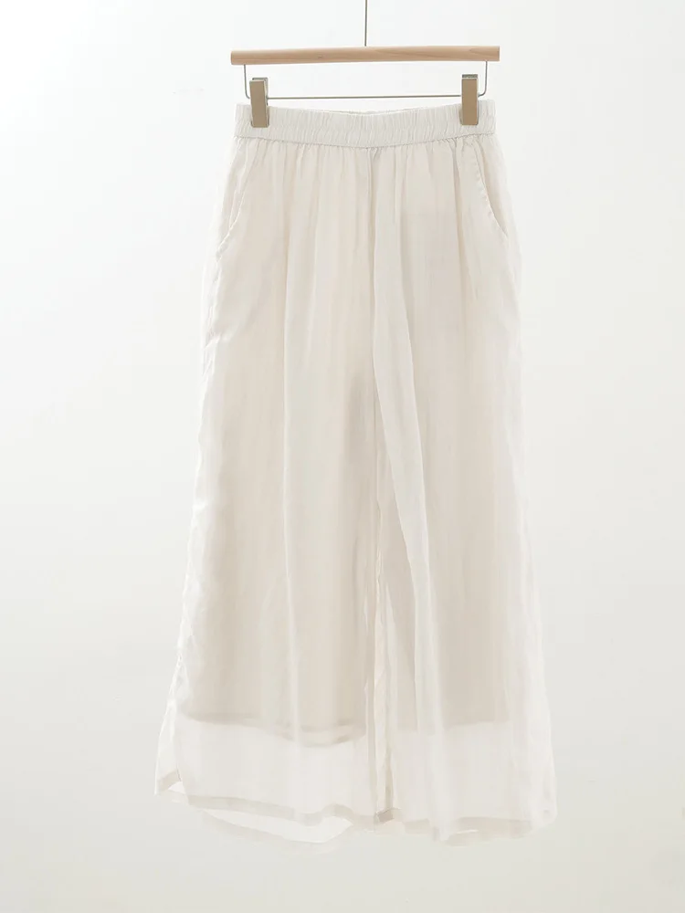 

Повседневные художественные льняные брюки с широкими штанинами, прямого кроя, тонкие, легкие, белые, укороченные, струящиеся, летние, для отдыха, для женщин