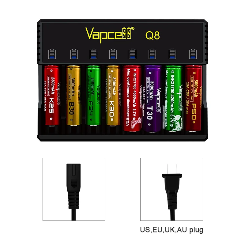 Original Vapcell Q8 Smart Lithium Battery Charger 8 Slot 8A Portable Rechargeable Charger For 18350/21700/20700/26650