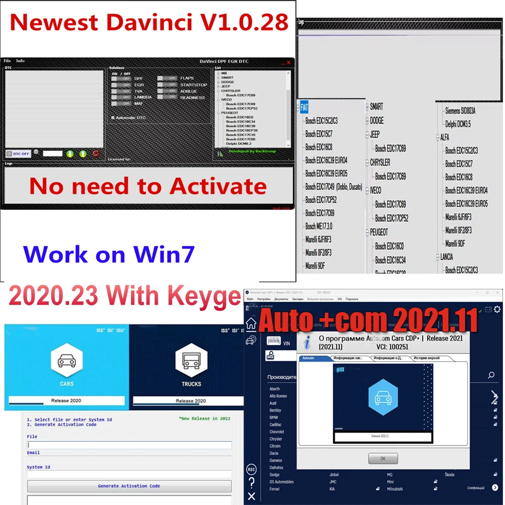 Auto+com 2021.11+Autocoms 2020.20 vd ds150e cdp software keygen  Delphis  support 2021 year model car trucks+Davinci 1.0.28 Soft