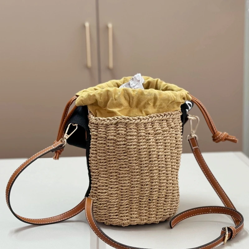 

Summer Raffia Woven Drawstring Bucket Minimalist Vacation Beach Daily Commute Lightweight Storage Women Shoulder Crossbody Bag