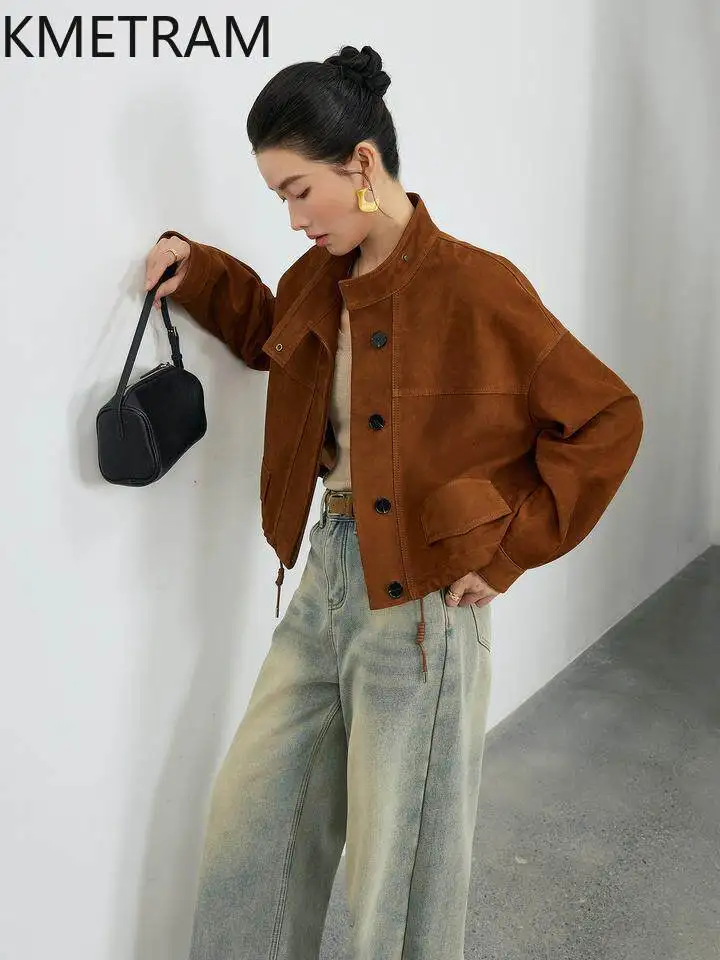 KMETRAM Genuine Top-Grain Cowhide Suede Leather Jacket Woman Stand Collar Short Coat High Quality Autumn Women Clothes 2026 가죽자켓