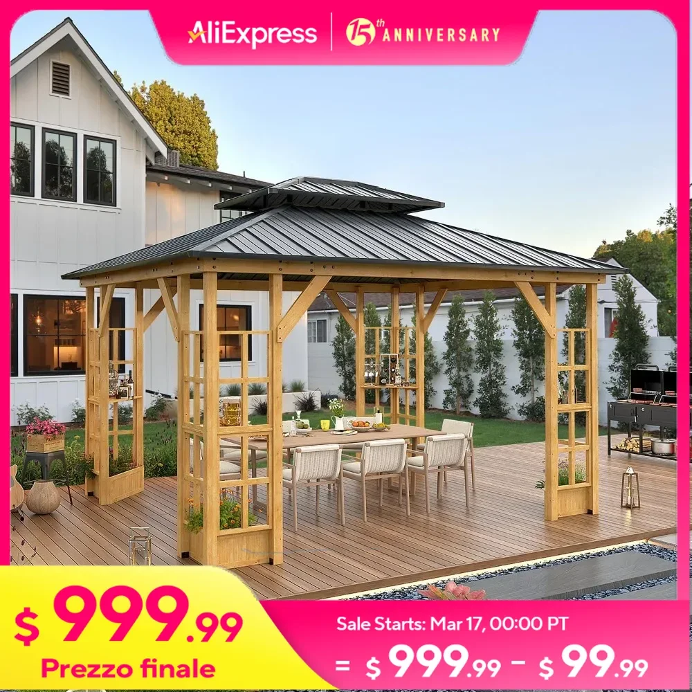 11' X 13' Wood Gazebo Outdoor Hardtop Gazebo Pavilion with Spruce Solid Wooden Frame Double Roof Metal Canopy