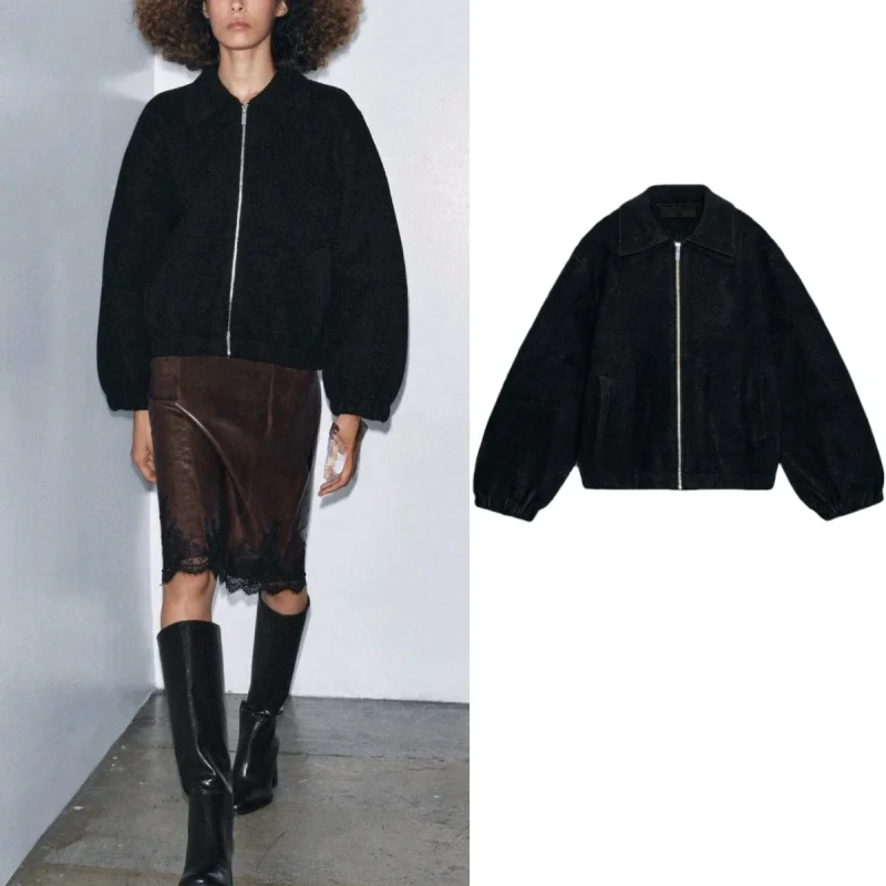 

Minimalist Style Women's Pilot Jacket Knitted Long Sleeve Zipper Coat Autumn Winter New Arrival Simple Design Polyester Fiber