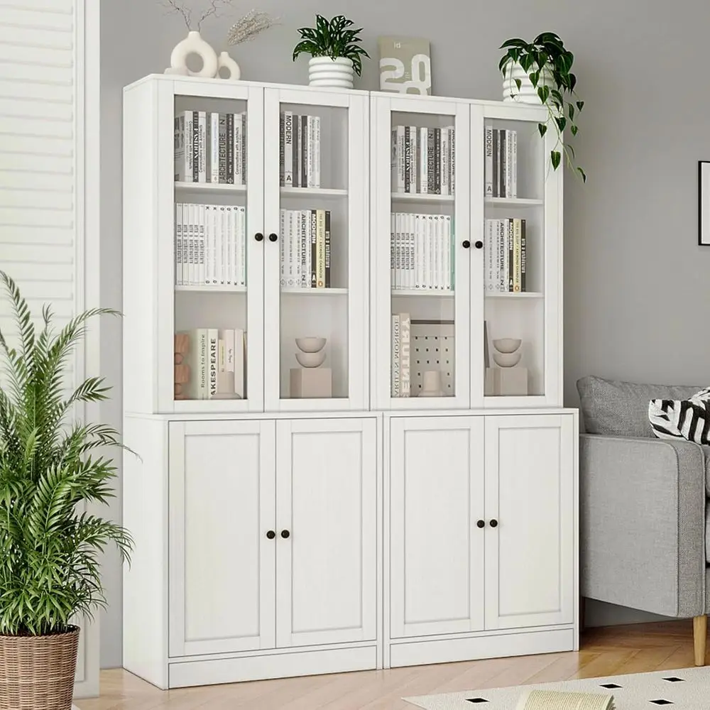 71 Tall 5-Tier Bookshelf with Glass Door Cabinet for Home Office or Living Room, White - view 6