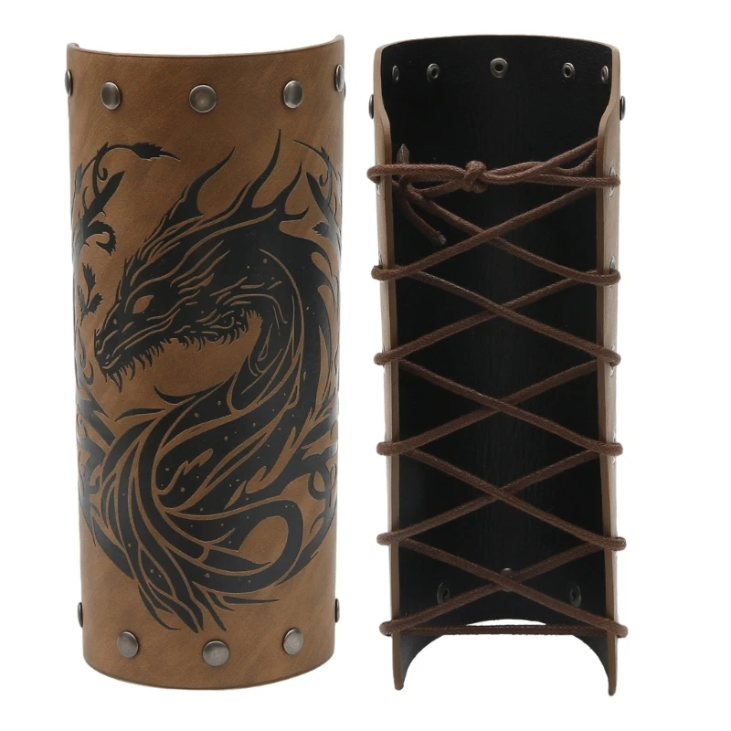 Vintage Embossed Dragon Arm Guards Cosplay Costume PU Leather Arm Bracers F3MD