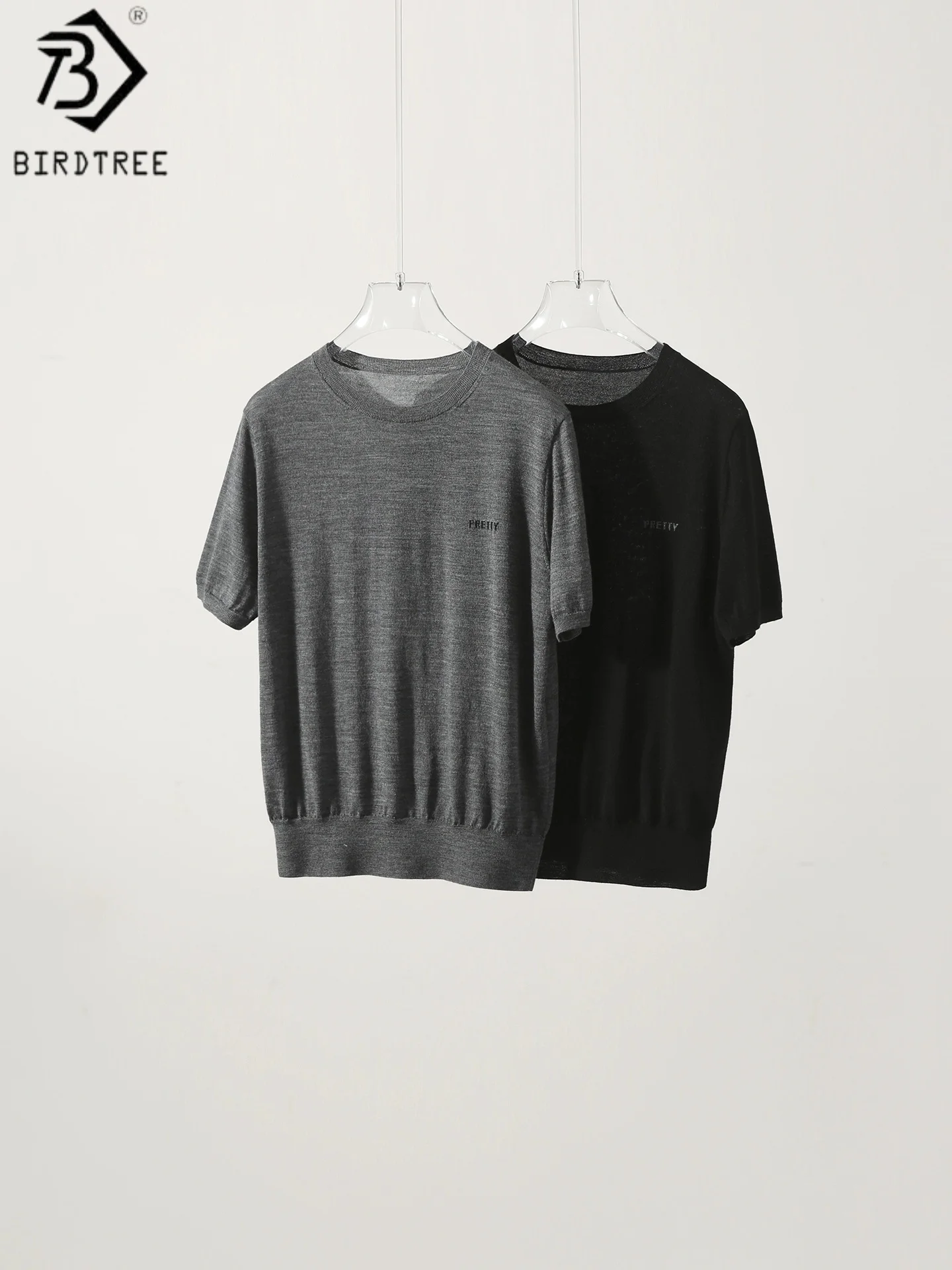 

Birdtree, 90% овечья шерсть, 10% кашемировая блузка, женская шерстяная блузка с вышивкой букв, трикотаж с короткими рукавами и круглым вырезом, осень T58013JF