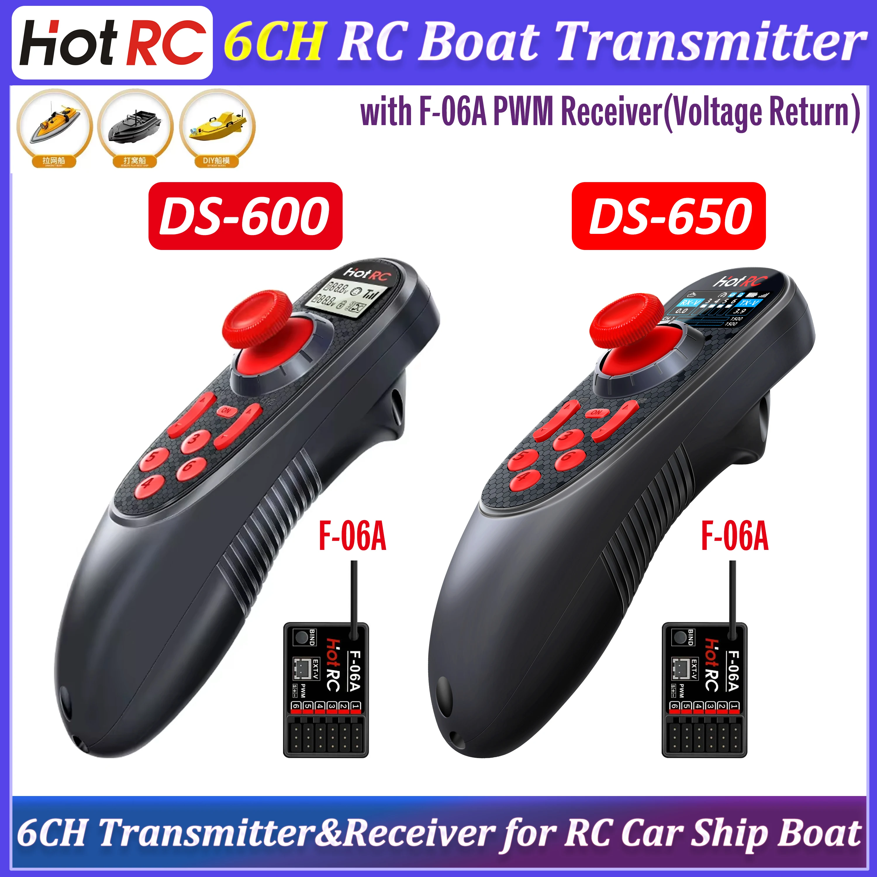 

HOTRC DS-600 DS-650 6CH 2.4G RC Boat Transmitter Remote Controller F-06A PWM Receiver with Voltage Return for RC Car Ship Boat