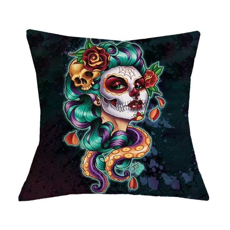 Undead Flower Skeleton Print Pattern Cushion Cover for Home Living Room Sofa Decoration Square Pillow