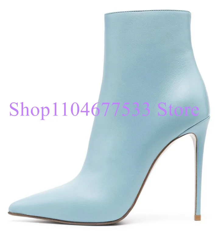 

Sky Blue Leather Lady Ankle Boots Fashion Pointed Toe Thin Heel Woman Short Boots Large Size Banquet Party Dress Booties Shoes