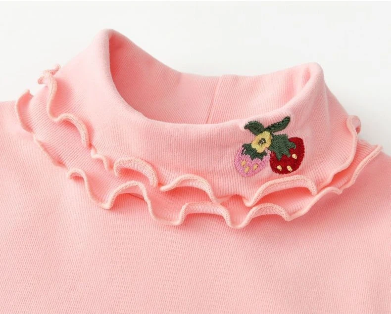 2026 Autumn Girls Fashion Cute Embroidery Cherry Long Sleeve Soft Warm T-shirts Kids Turtle-neck Casual Tee