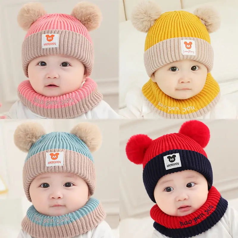 1Set Cappello Del Bambino Sciarpa Set Orso Caldo Lavorato A Maglia Per Bambini Cappello Invernale Cap Cofano Infantile Del Bambino Per Bambini