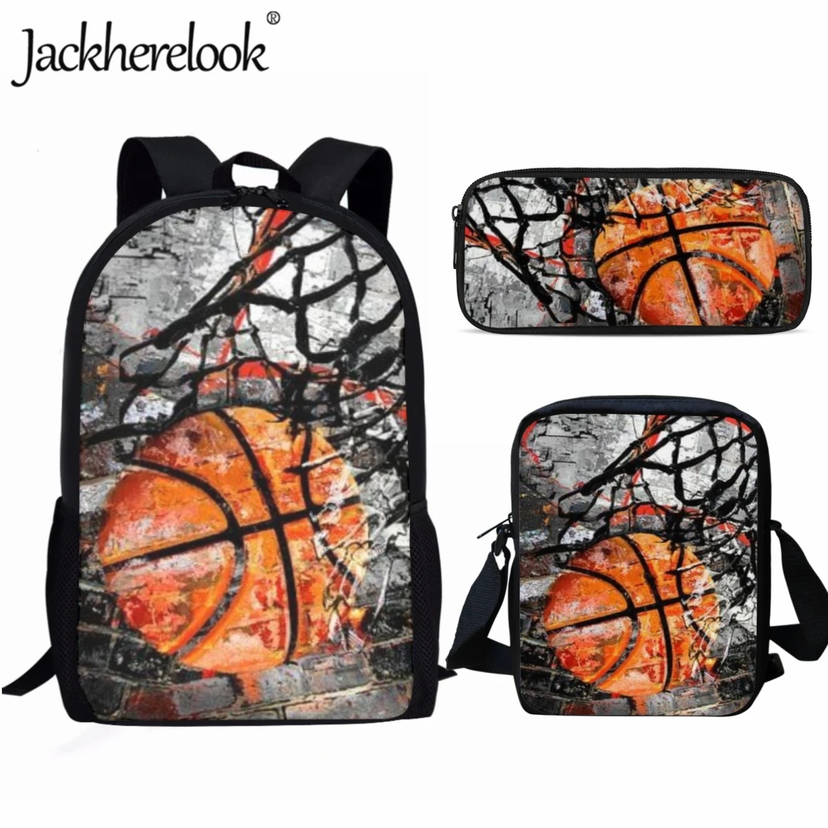 Jackherelook Set Tas Sekolah Anak-anak Basket Pola Kartun Anak Laki-laki Ransel Sekolah Kasual Fashion Olahraga Tas Buku Praktis