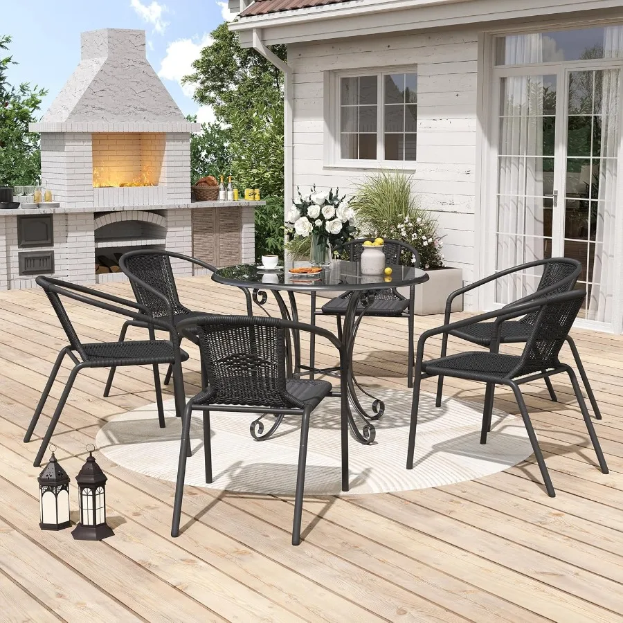 Rattan Outdoor Dining Chairs Set of 6 Wicker Stackable Patio Chairs with All Weather Curved Back Metal Frame for Indoor Restaur