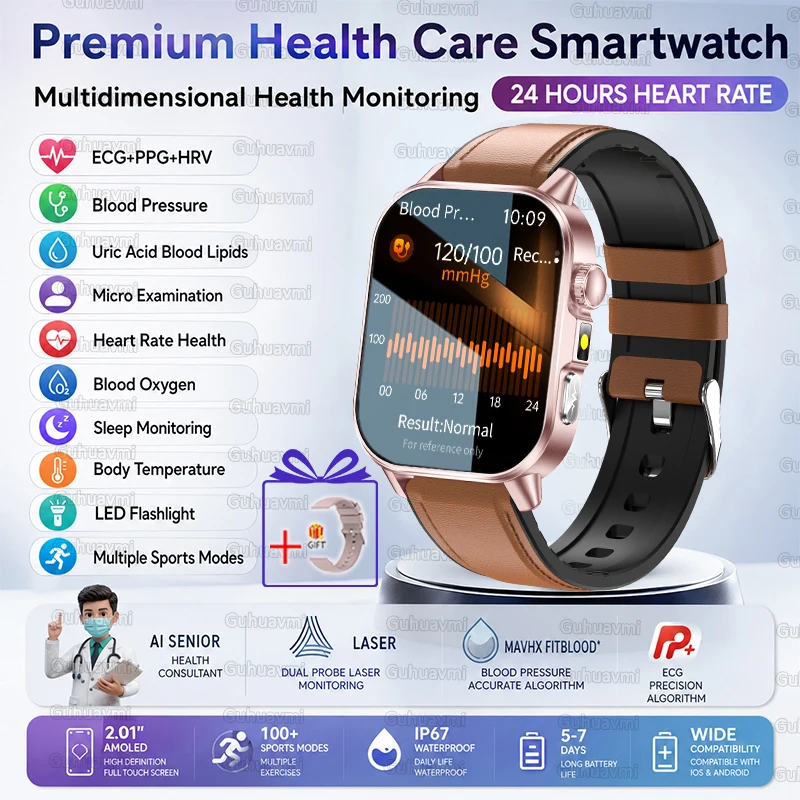 2026 Neue EKG+PPG Smartwatch für Gesundheitsdiagnose, Überwachung, Körperanalyse, Blutdruck, Lipide, Harnsäure – Gesundheits-Smartwatches für Herren