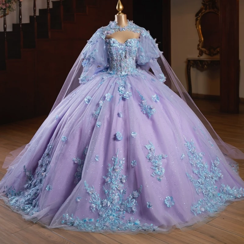 

Лавандовые блестящие платья Quinceanera с открытыми плечами, аппликация, кружево, бисер, бант, тюлевое платье для вечеринки, дня рождения, сладкое платье 16, Vestidos 15