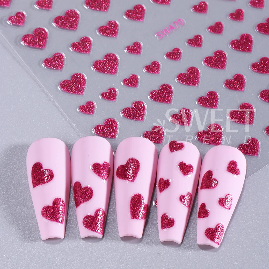 3 uds. De pegatinas 3D de corazón de amor con purpurina para uñas, calcomanías de lujo para uñas de amor rojo y rosa, deslizador adhesivo DIY, decoración de manicura romántica de San Valentín