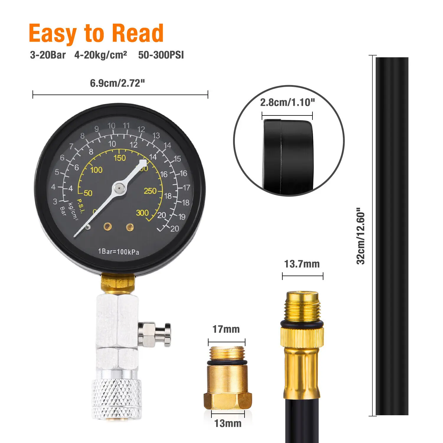 Engine Cylinder Compression Tester Pressure Gauge Gage Check Meter Kit 50-300 PSI (0-21kg/cm2) Fits 14mm/18mm Spark Plug Threads