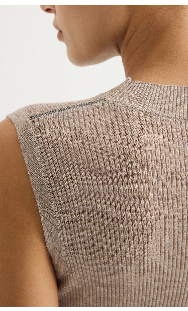 BY3621690 Damen-Rippenstrick-Weste mit Stehkragen, ärmellos, Wollmischung, Schulterkette, schmale Passform, elegant, für die Frühjahrskollektion – Detail 9