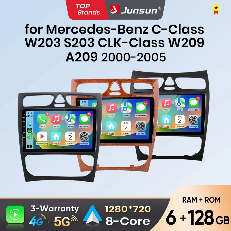 Autoradio Android Auto Junsun per Benz Classe C W203 C200 C320 C350 CLK W209 2000-2005, sistema multimediale wireless Apple CarPlay, schermo touch IPS, lettore video stereo, 2 Din, unità principale