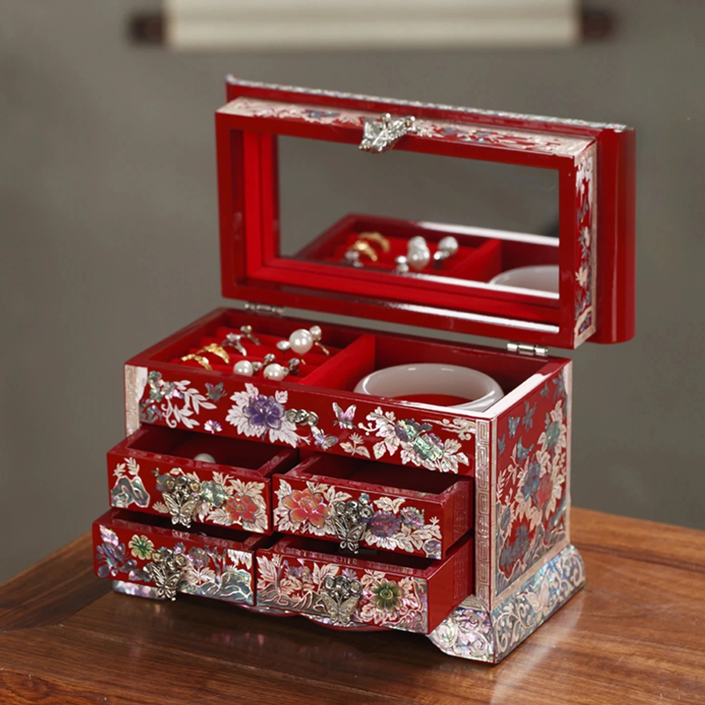 Dian lacquer wood jewelry box, multi-layer storage necklace bracelet box