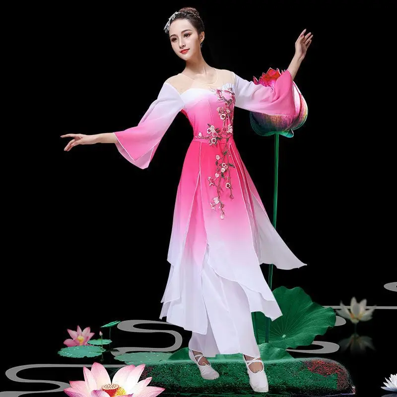 2024Hanfu Frauen klassische Tanz Performance Kostüm weibliche ethnische Jiangnan Regenschirm Tanz Fan Tanz erwachsene weibliche Yangko Kleid