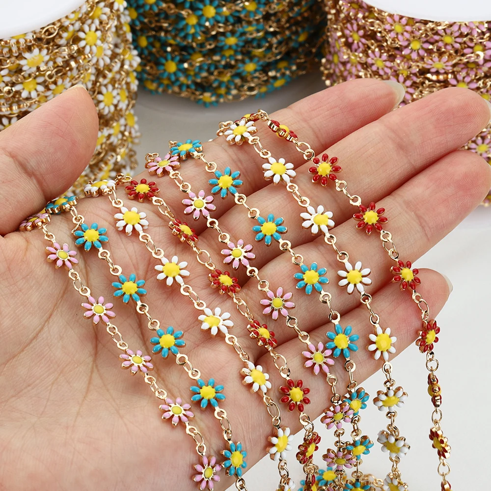 1Meter Drop Oil Enamel Double-sided Daisy Flower Chain for DIY Necklace Bracelet Earrings Costume Jewelry Making Accessories