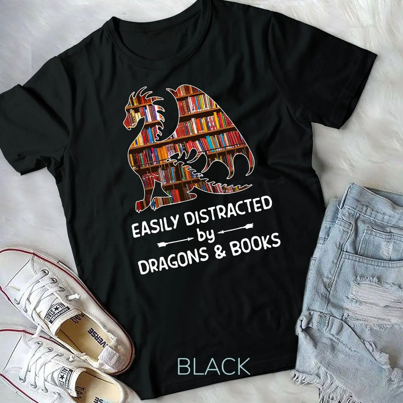 easily distracted by Dragon and Books nerds Unisex T-shirt