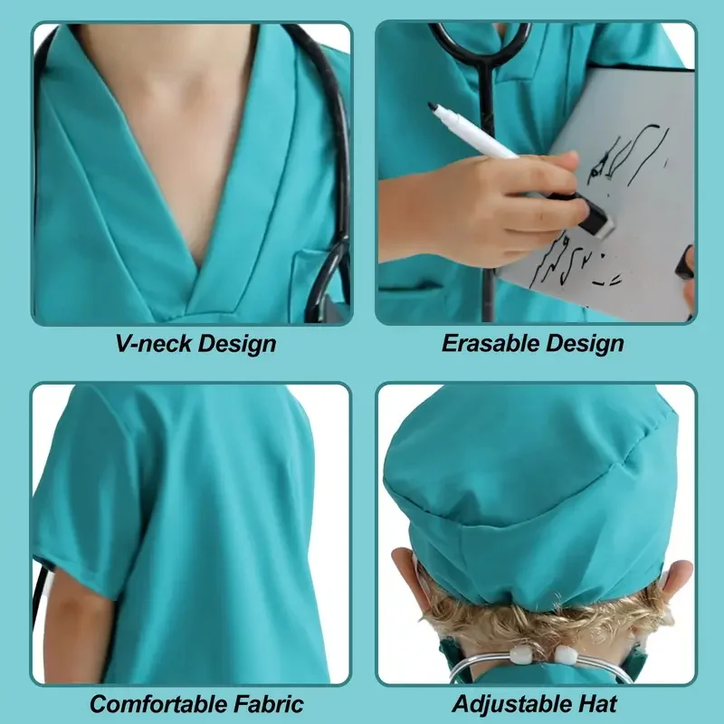 7 Uds. Traje de Cosplay de médico y enfermera para niños, bata de laboratorio blanca para niño y niña, uniformes con accesorios, vestido médico para regalo de Navidad y Halloween