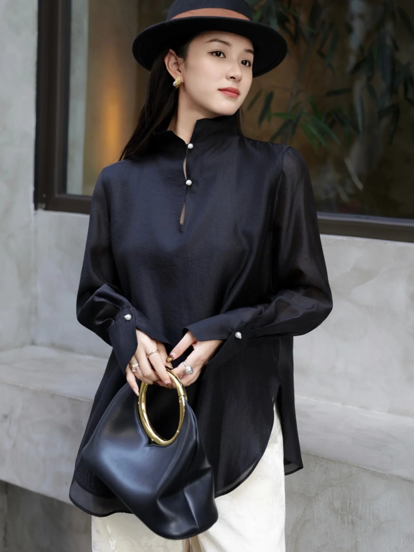 

Ele Silk irt Women's Loose Long Sve High Collar Thin Spring Autumn Pearl Button Casual Chic Top Faionable Commute