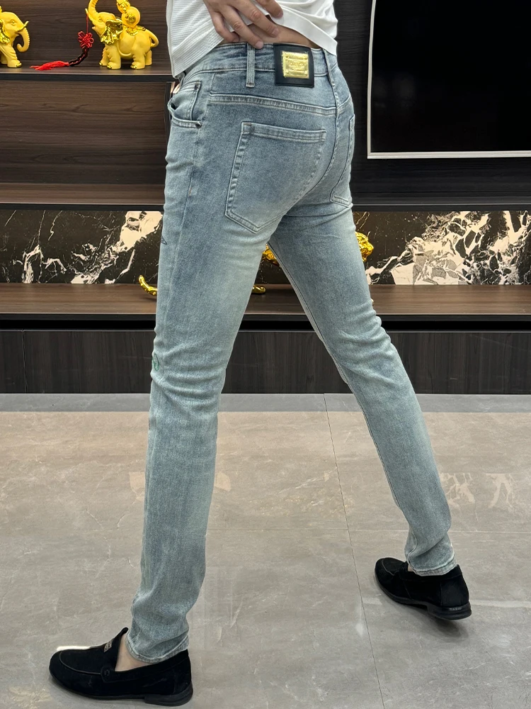 

Men's Summer Slim Fit Jeans Embroidered Rhinestone Trendy Youthful Fashionable Cotton Polyester Blend Wear Resistant