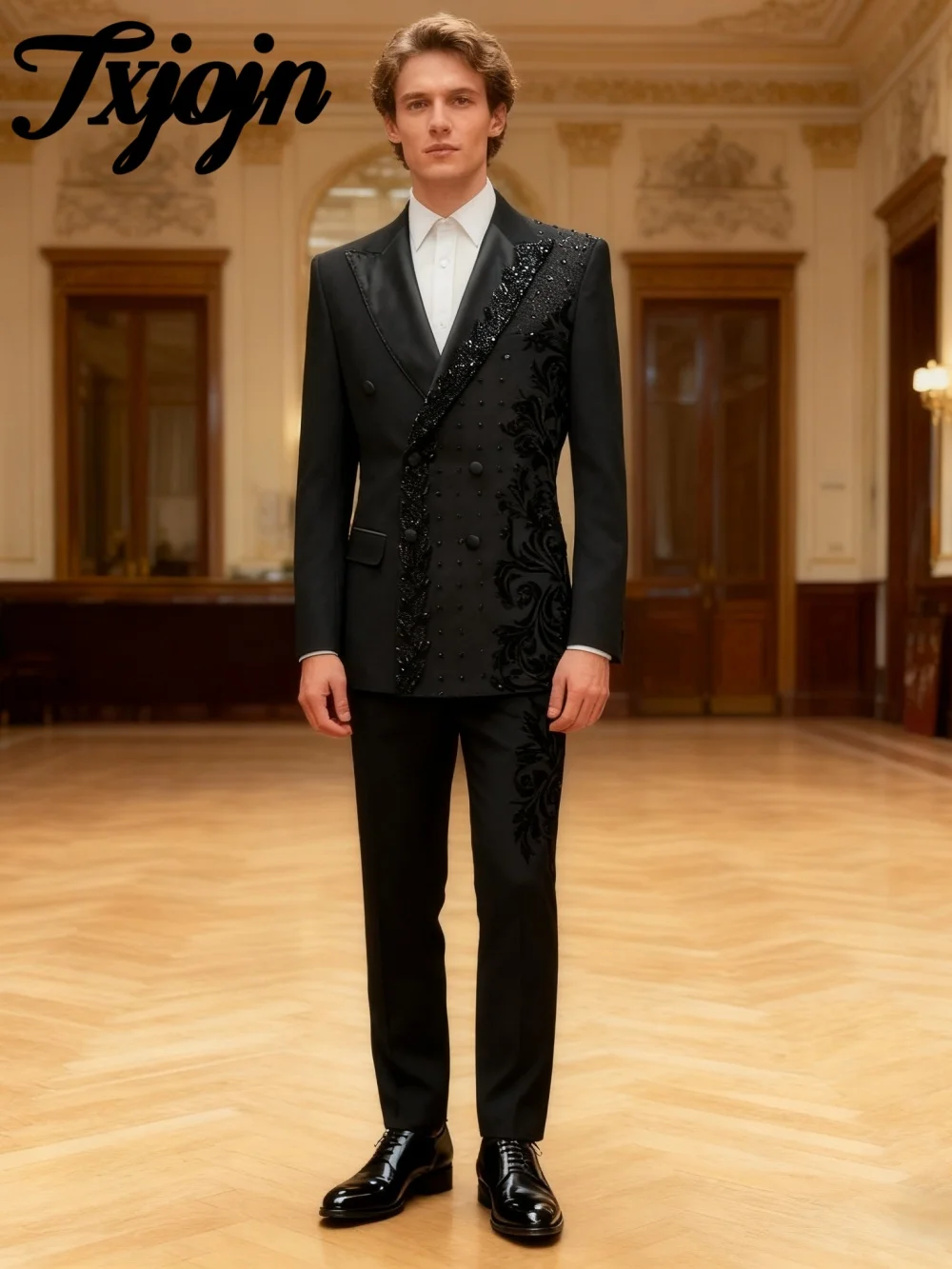 

Formal Double-Breasted Men's Suit Set 2PCS For Wedding Classic Groom Suit Host Party Suit Blazers Pants Exquisite Crystal Men's