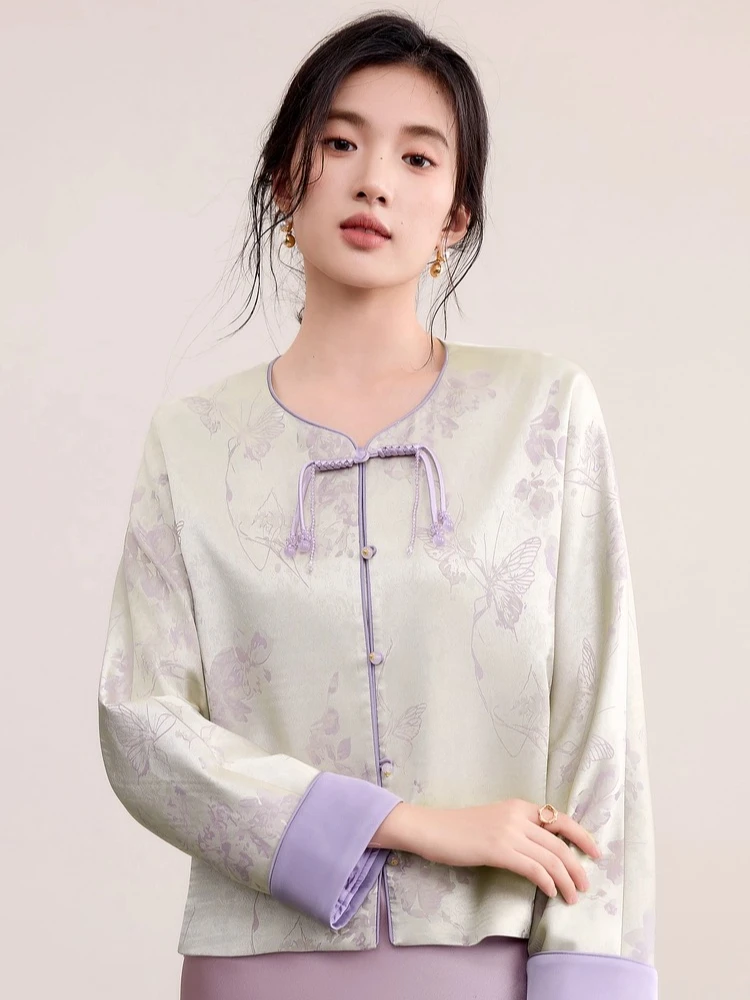 SENTUBILA Elegant Chinese Style Jackets For Women 2025 Autumn Luxury Loose Floral Print Coat Crew Neck Party Outerwear Q53WL3114