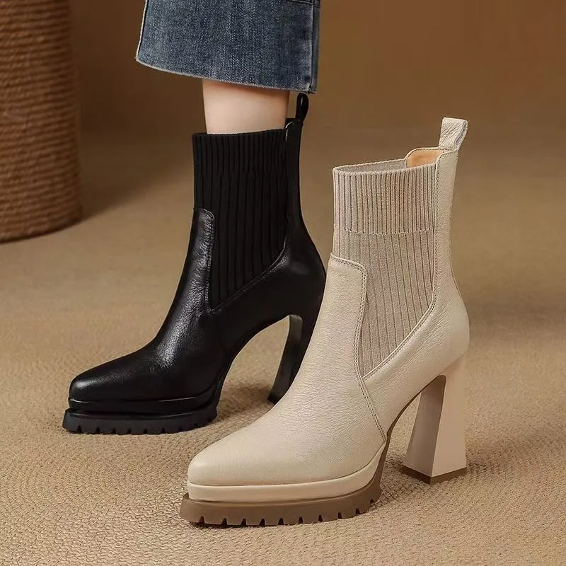 French Retro Pointed Toe Platform Stretchy Socks Boots Women's Autumn and Winter New Versatile Temperament High Heels view 2