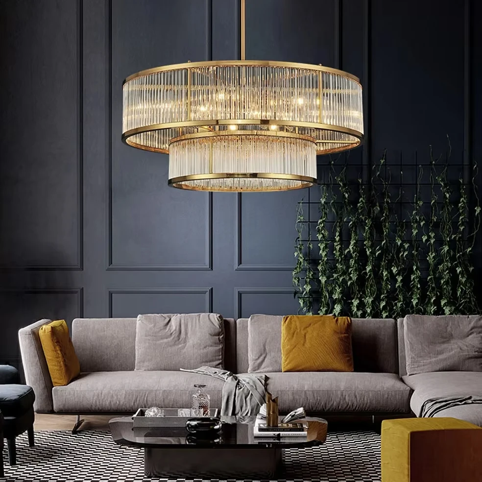 Copper Golden Crystal Chandelier Luxurious Shiny Round Linear Pendant Lights For Dinning Room Living Room Bedroom LED Chandelier